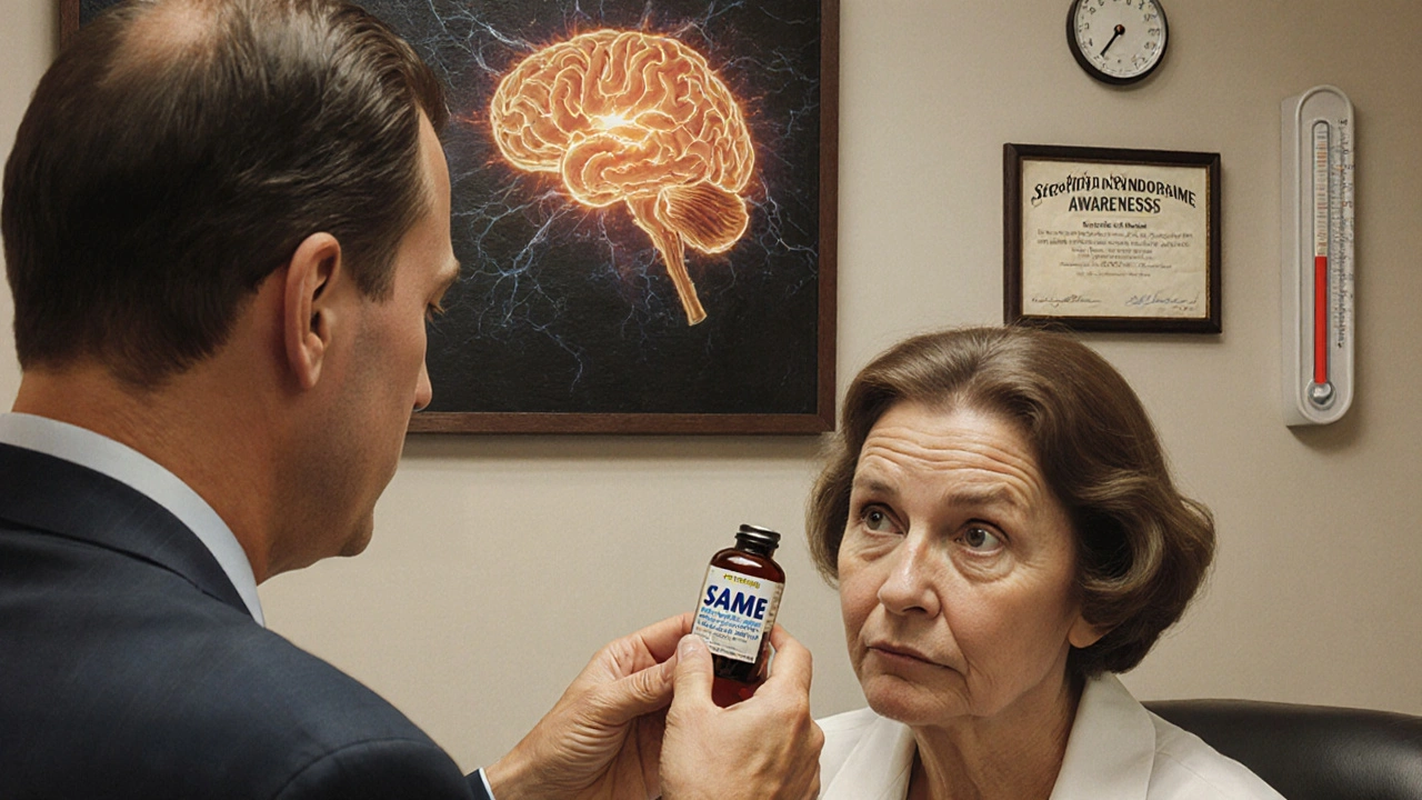 A psychiatrist shows a SAMe bottle to a patient in a clinic, with a brain diagram and fever thermometer in the background.