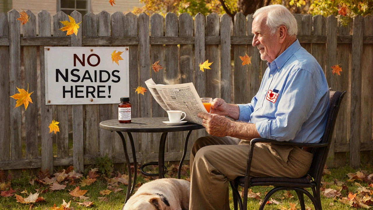 A retired man enjoys tea without NSAIDs, celebrating ulcer recovery.