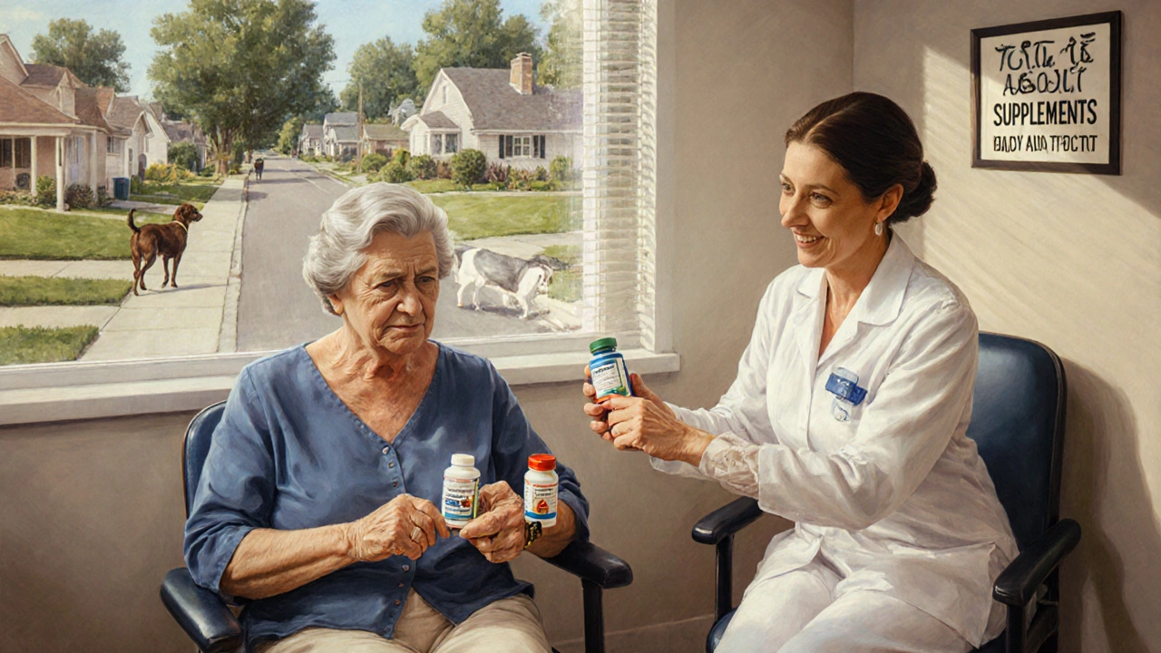 A woman holds supplement bottles in a clinic waiting room, nervously preparing to speak with staff.