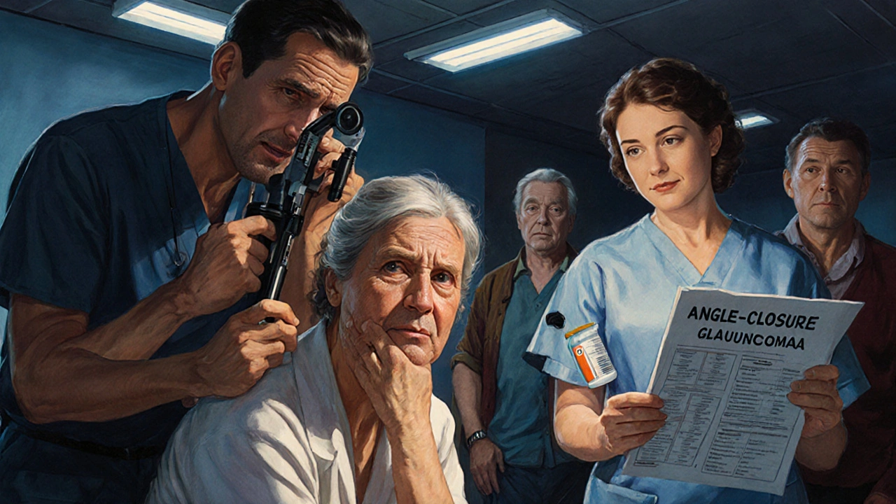 A woman in emergency room pain is examined by an ophthalmologist using a gonioscopy lens, family nearby.