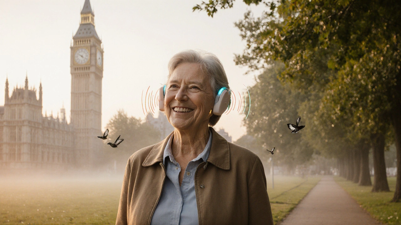 A woman walks peacefully in a morning park, sound devices gently blending tinnitus into nature’s sounds.