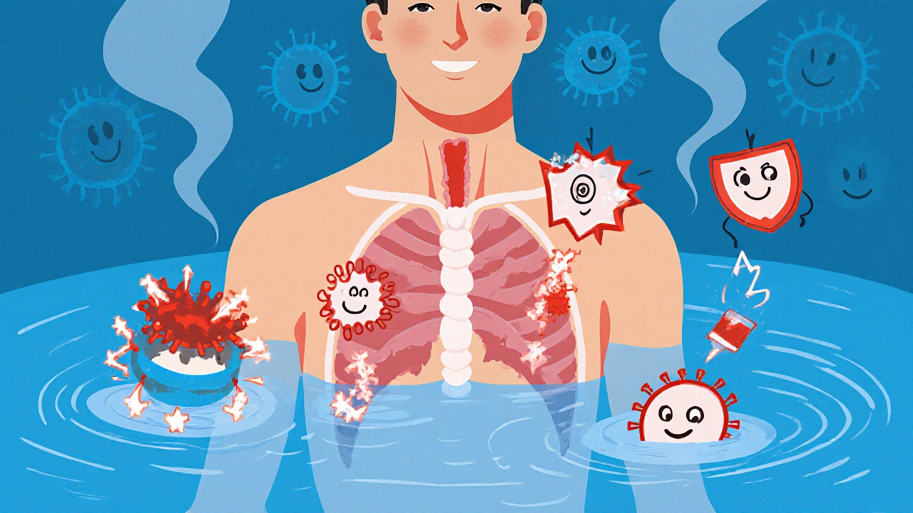 Cartoon-style human torso with TNF alarm bells being neutralized by three different biologic agents.