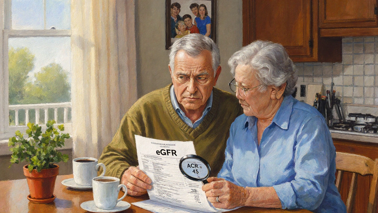Couple reviewing kidney health lab results at their kitchen table with coffee.
