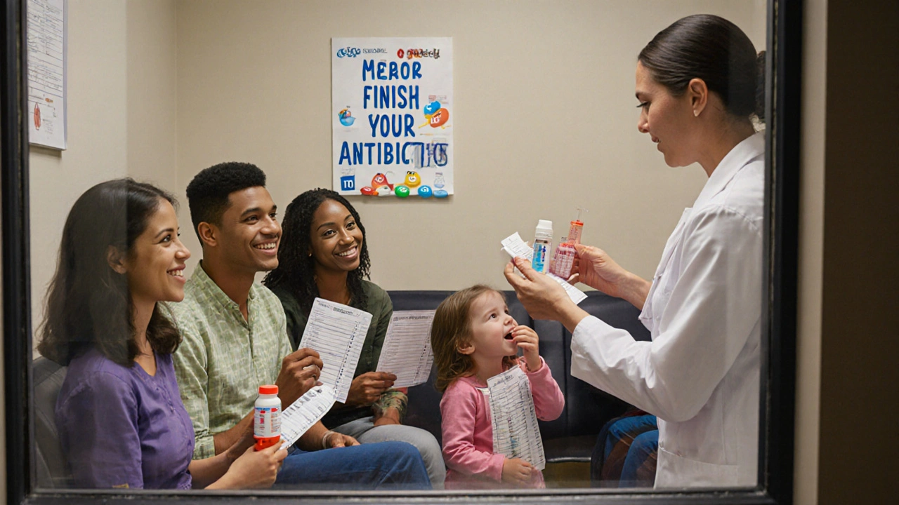Diverse families in pediatric waiting room, nurse handing out dosing cup, child practicing with candy.