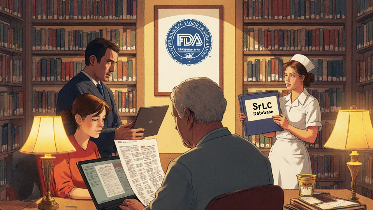 Diverse group of people researching FDA safety archives in a warm, well-lit library setting.