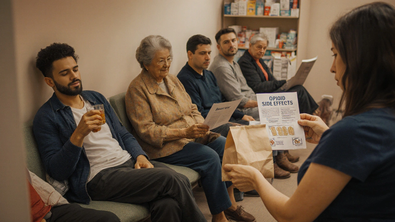Diverse patients in a clinic waiting room, calmly managing opioid side effects with simple, non-drug strategies.