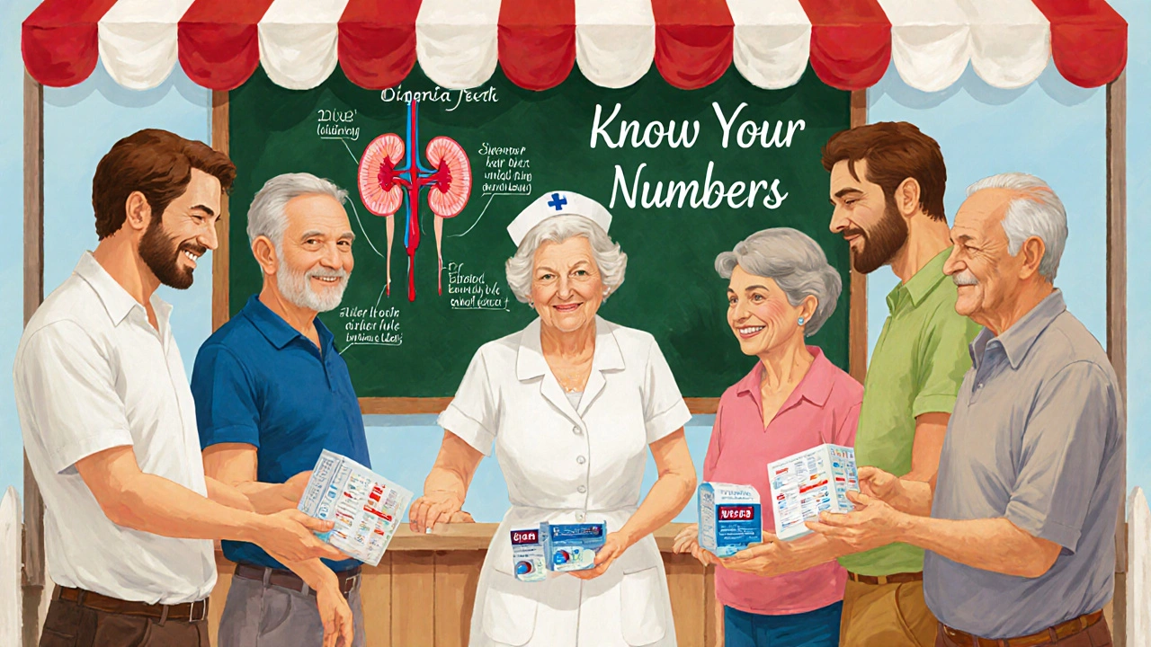 Diverse patients receiving urine test kits at a community health fair.