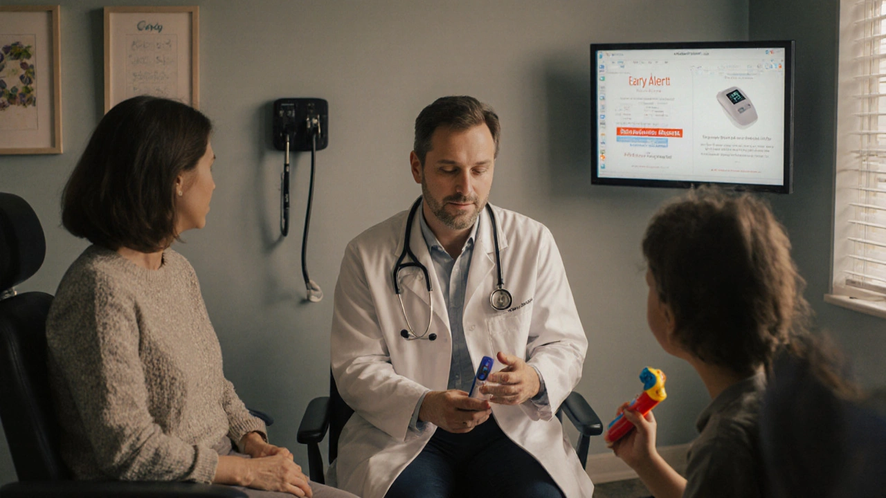 Doctor explaining a medical device alert to a patient and family in a comforting exam room.