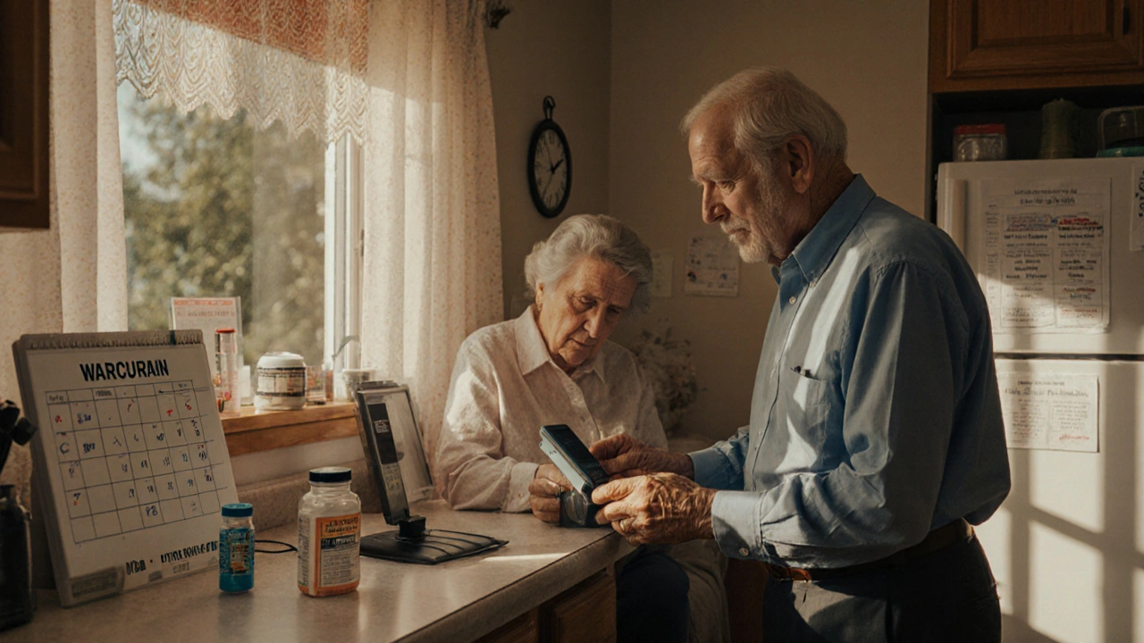 Elderly man checking INR at home with wife watching, warfarin and phenytoin bottles on counter.