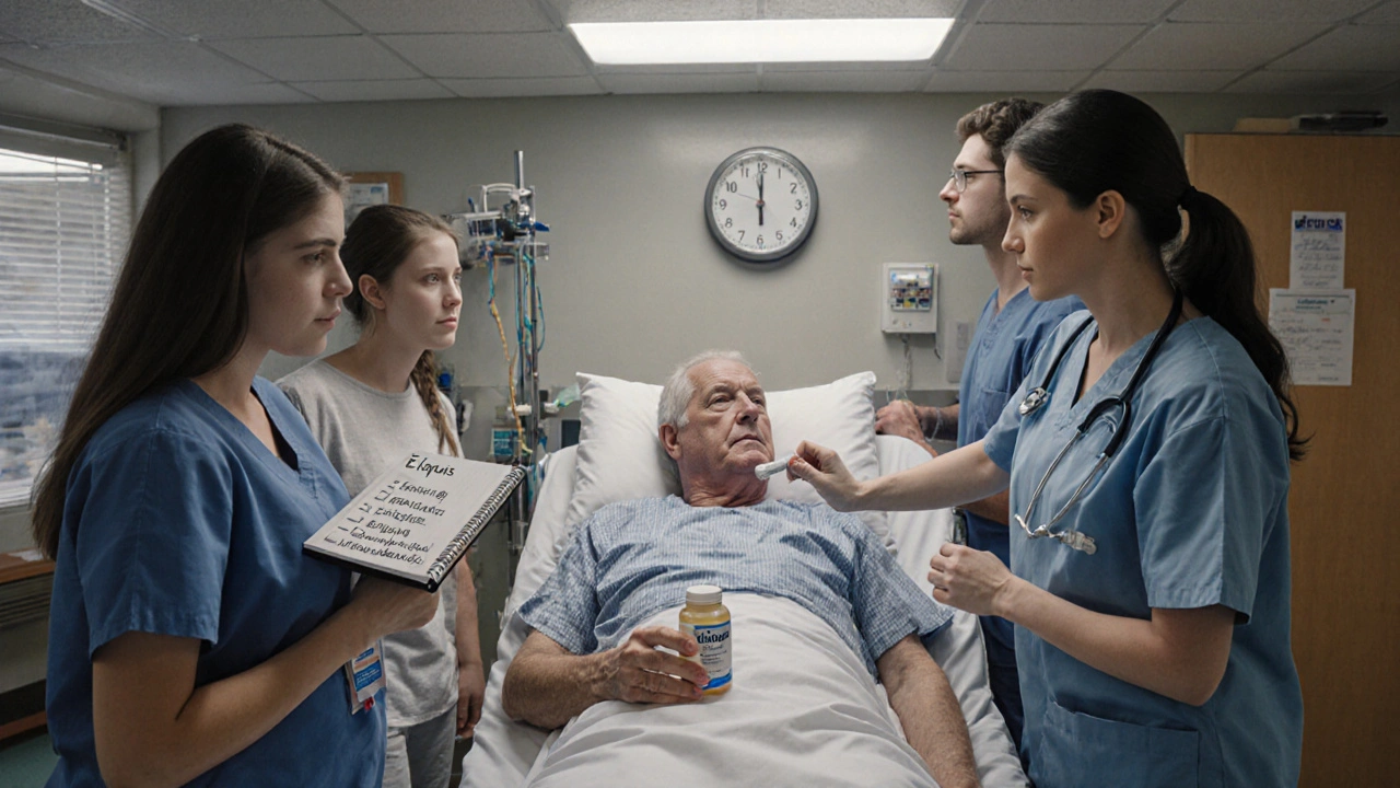 Family in emergency room as nurse administers antidote to patient on gurney, holding pill bottle.