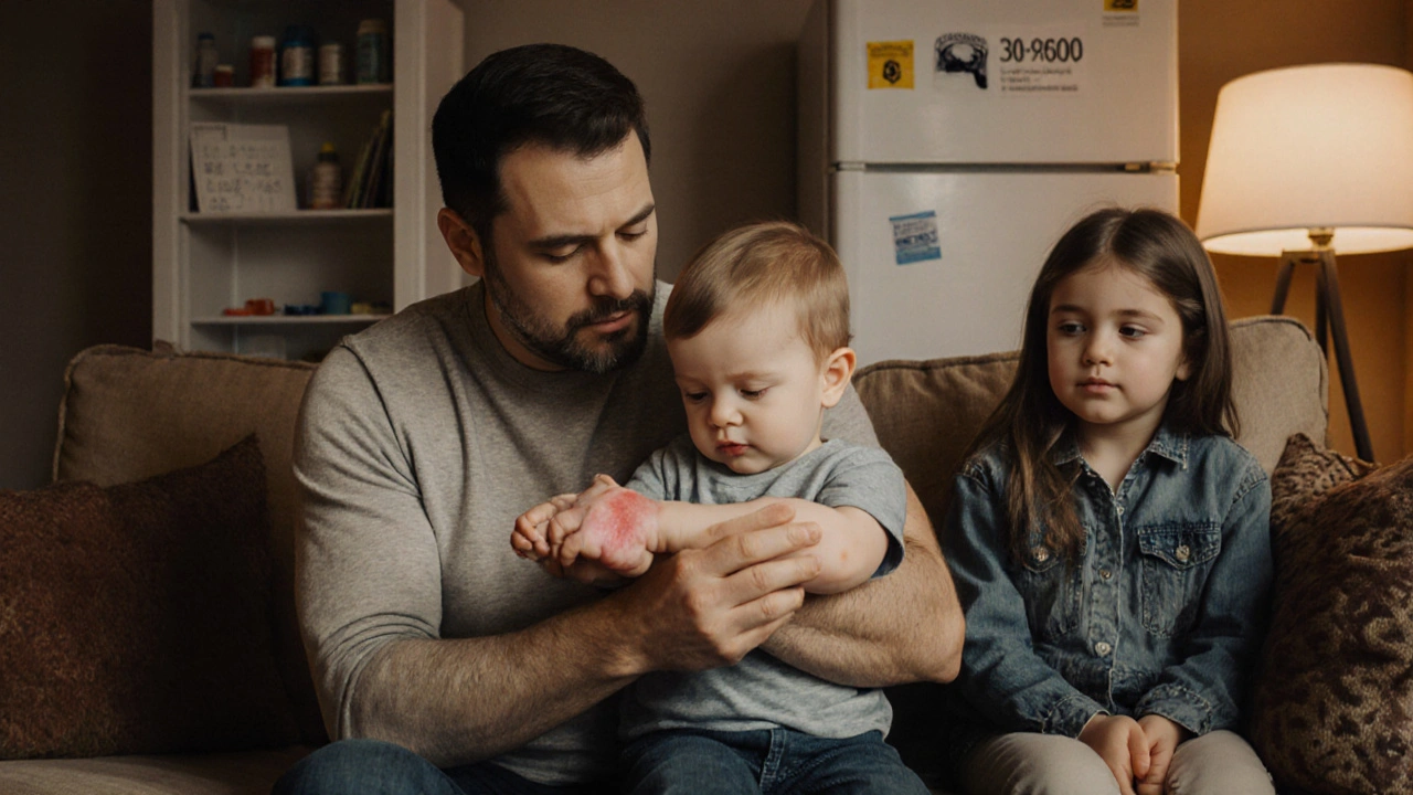 Father examining child&#039;s rash while older sibling watches, locked medicine cabinet in background.