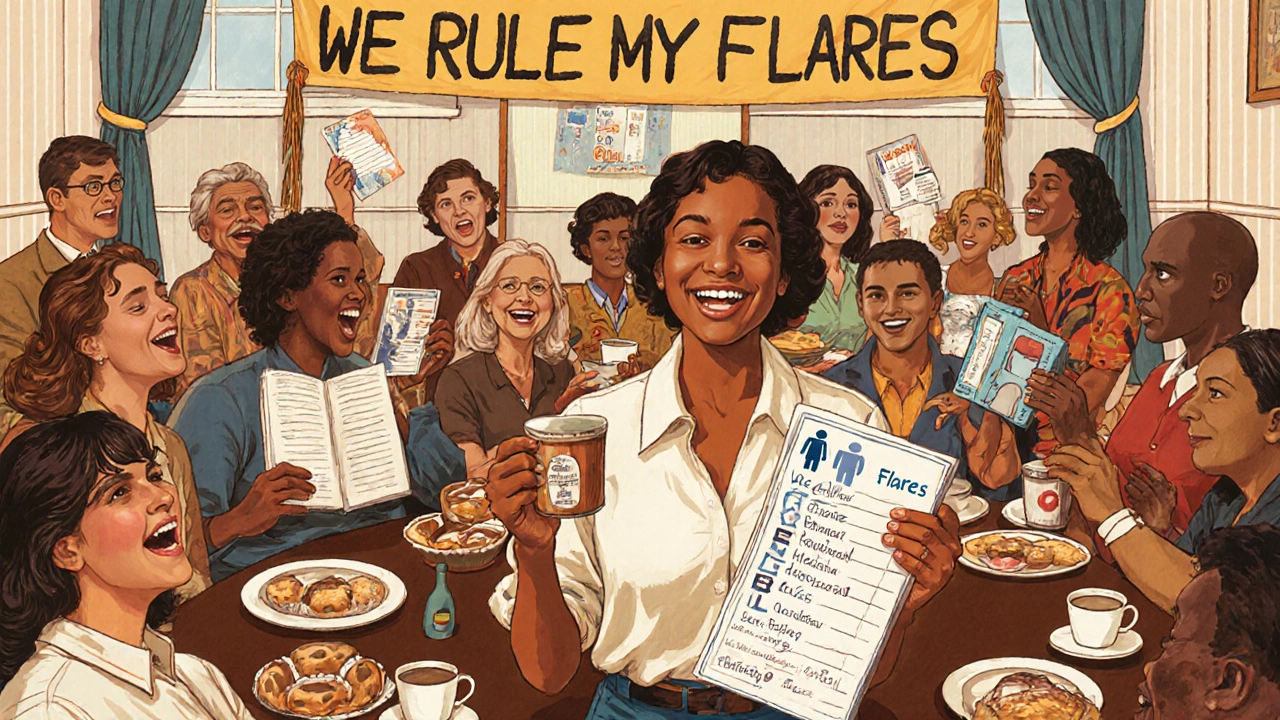 Group of people with ulcerative colitis sharing stories and support at a community gathering.