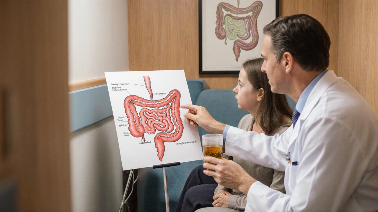 Patient and doctor reviewing a colon diagram during a consultation.