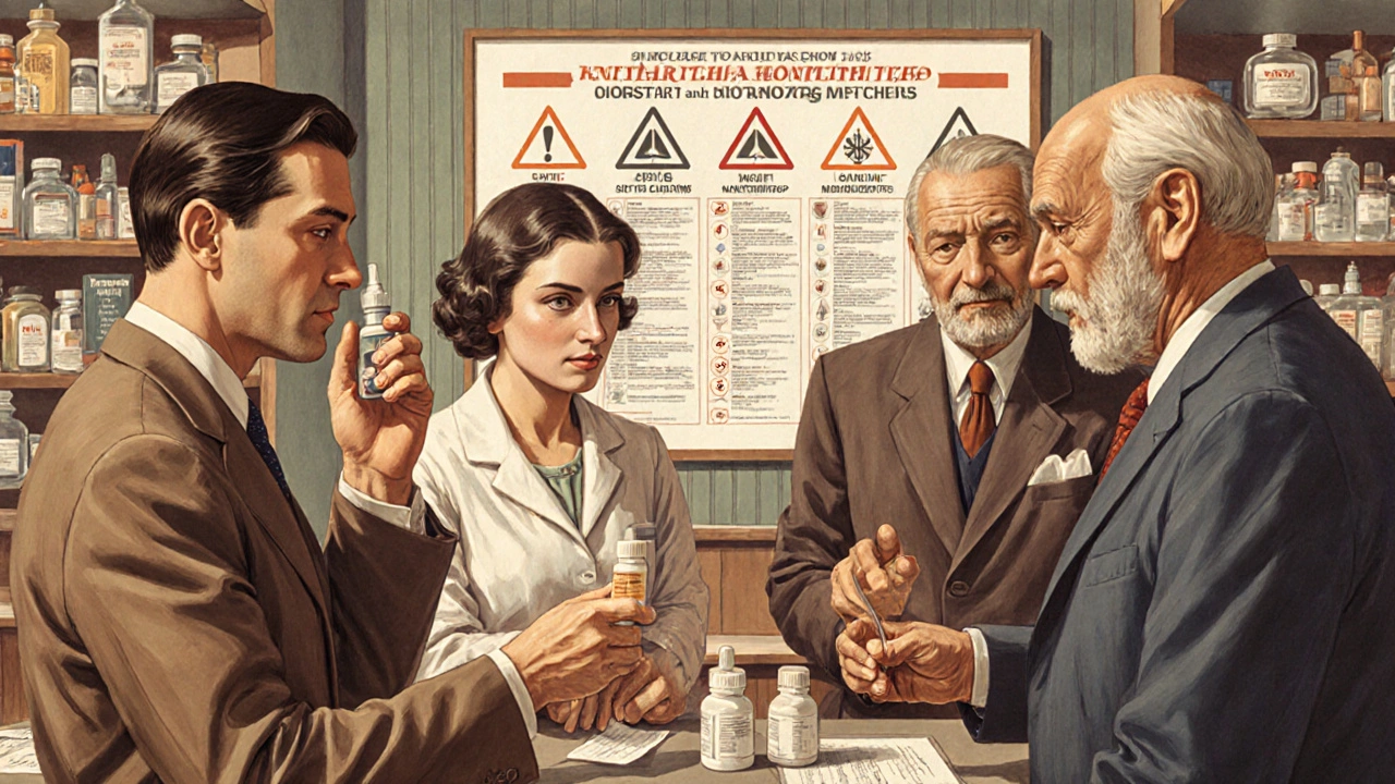 Patients at a pharmacy receive common medications while a warning chart hangs subtly in the background.