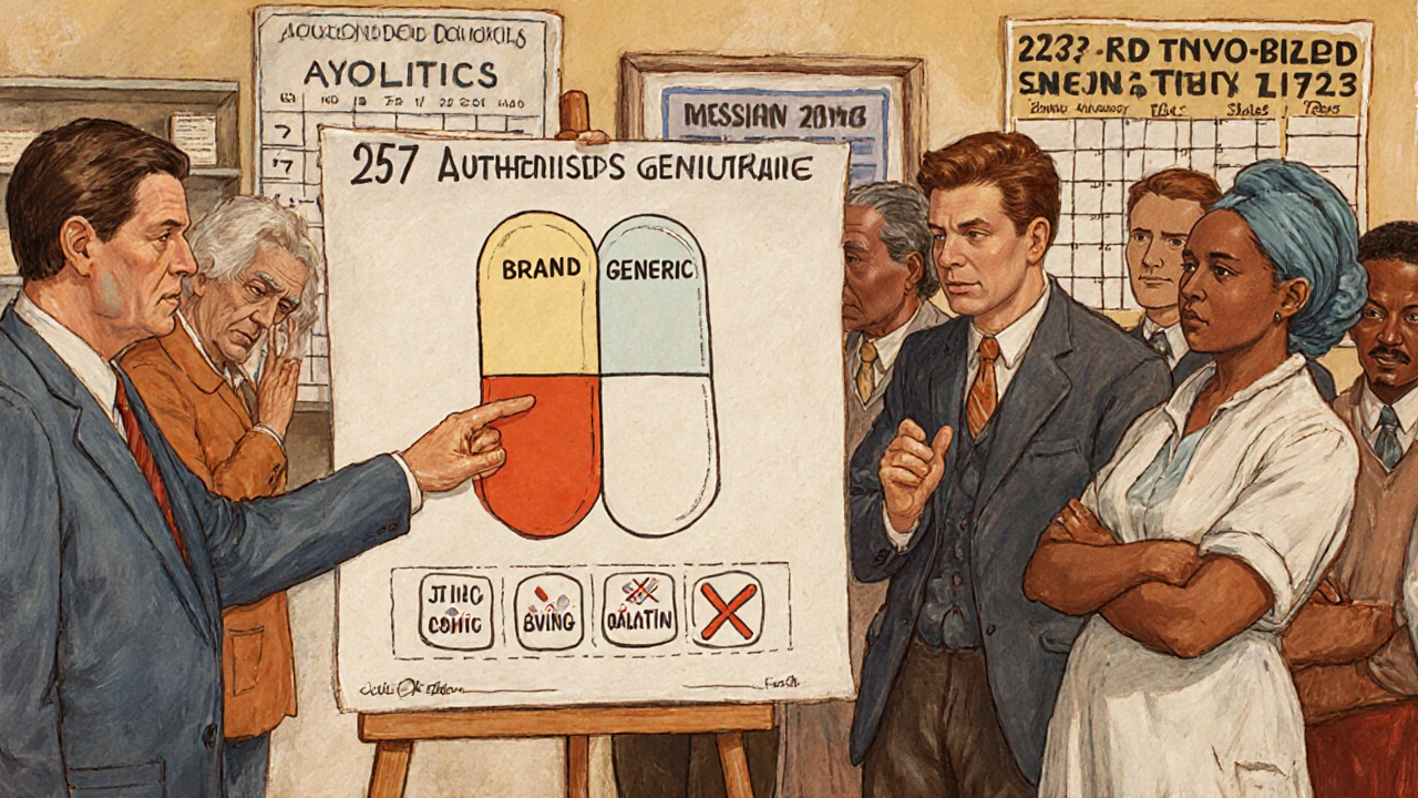 Pharmacist explaining authorized generics to patients using a visual chart comparing brand and generic ingredients.