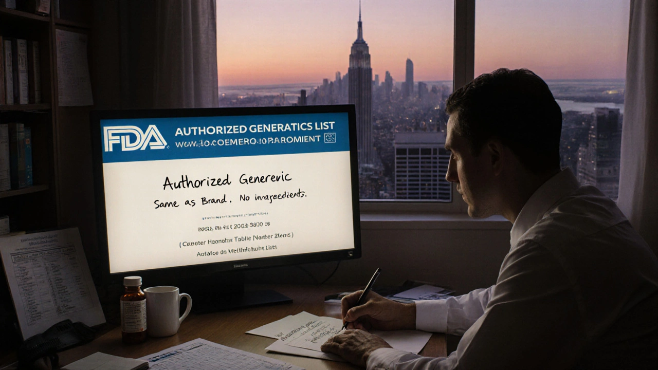 Pharmacist writing a note to confirm an authorized generic is identical to the brand-name medication.