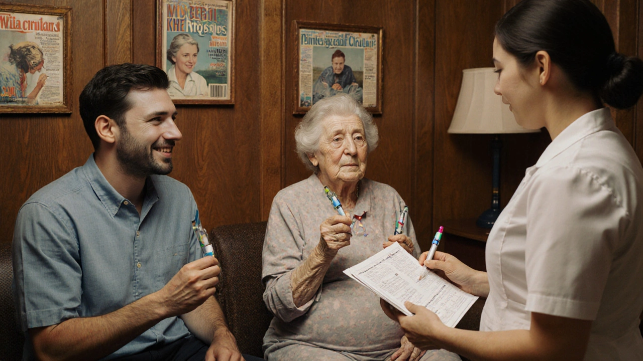 Three patients in a clinic wait calmly with their biologic pens, greeted by a nurturing nurse.