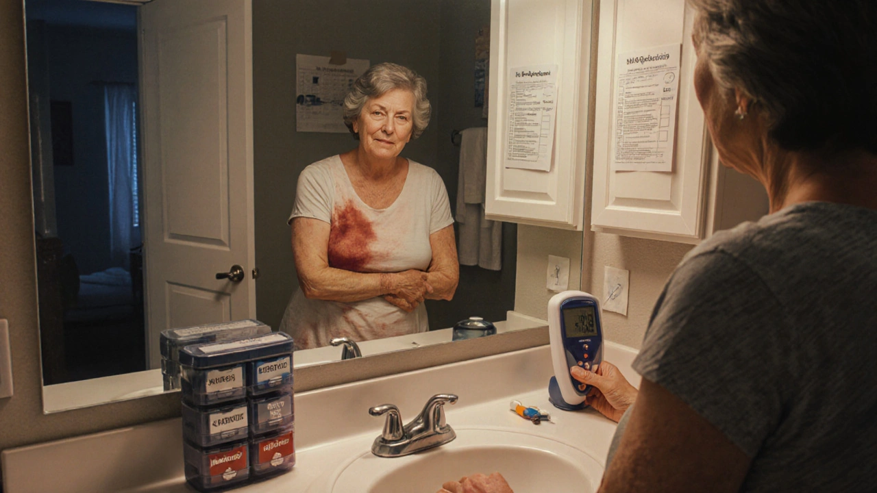 Woman examining bruise in bathroom mirror beside pill organizer and INR monitor.