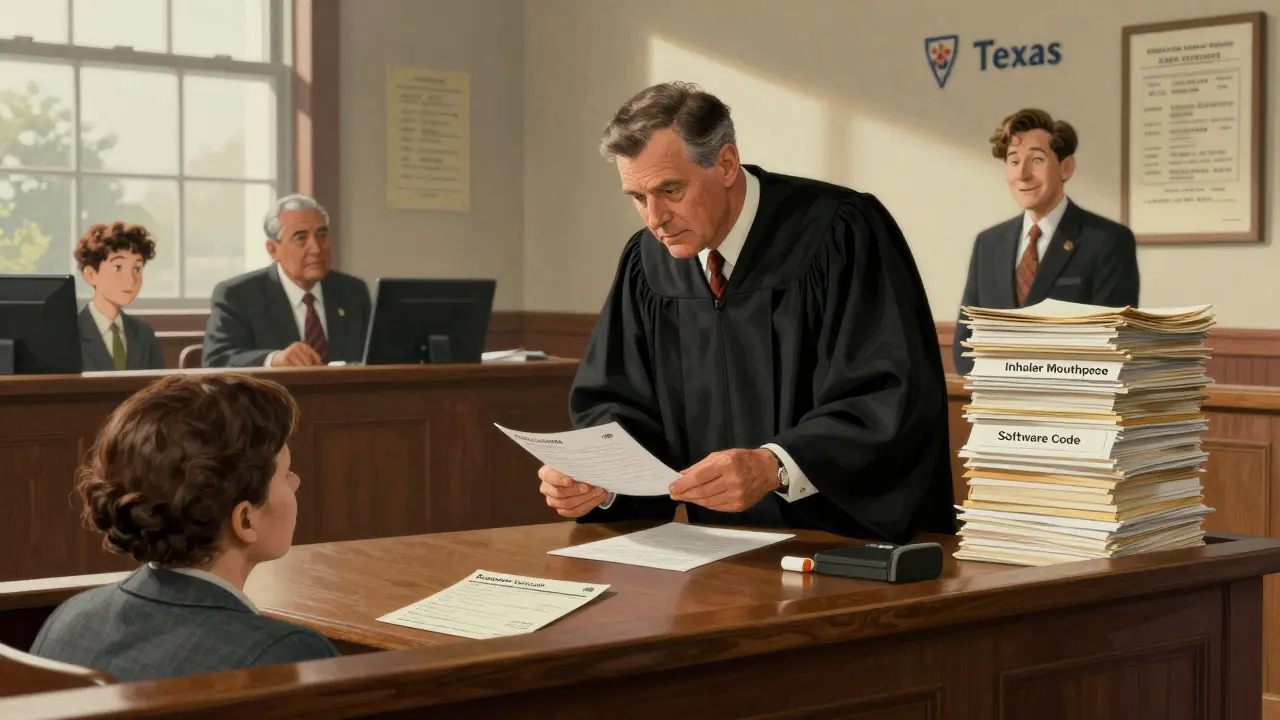 A courtroom scene in Texas with a judge, generic drug maker, and pharma lawyer surrounded by patents on inhalers and packaging.