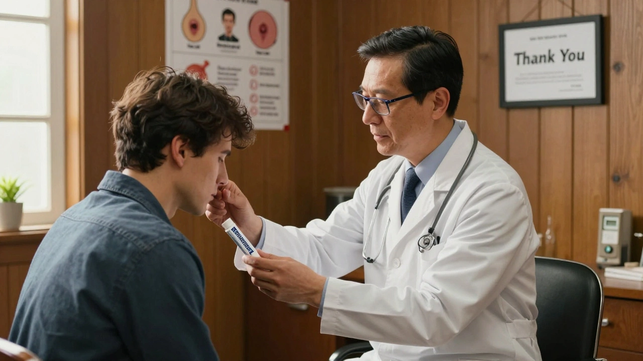 A doctor and patient in a warm clinic, with discarded OTC cream on the table.