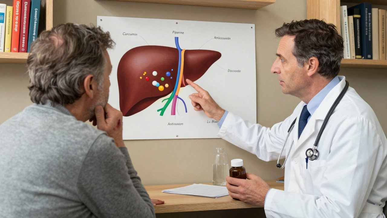 A doctor explains drug interactions to a patient in a clinic, pointing to a diagram of curcumin and blood thinner conflict in the bloodstream.