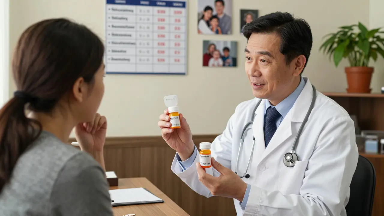 A doctor explains opioid rotation to a patient in a cozy clinic, showing fentanyl patch and oxycodone bottles.