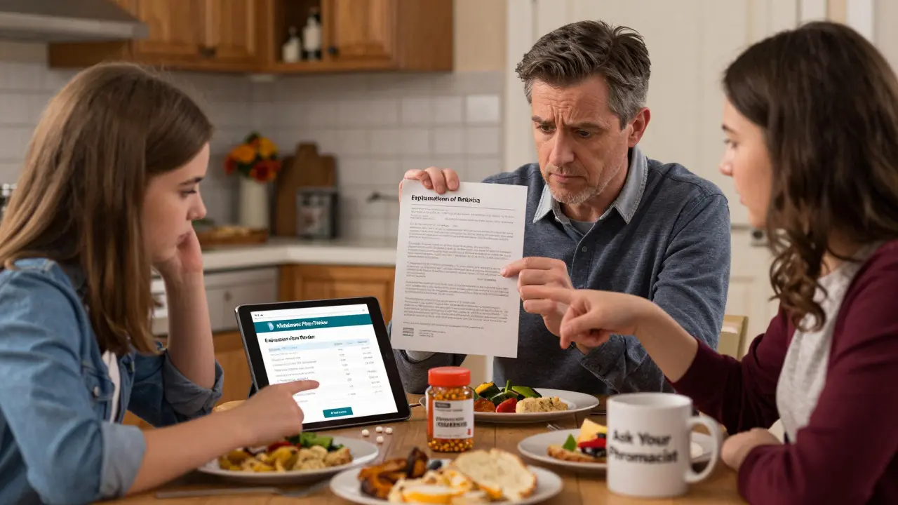 A family discusses drug costs at dinner, with a daughter showing clear pricing info on a tablet while parents look on.