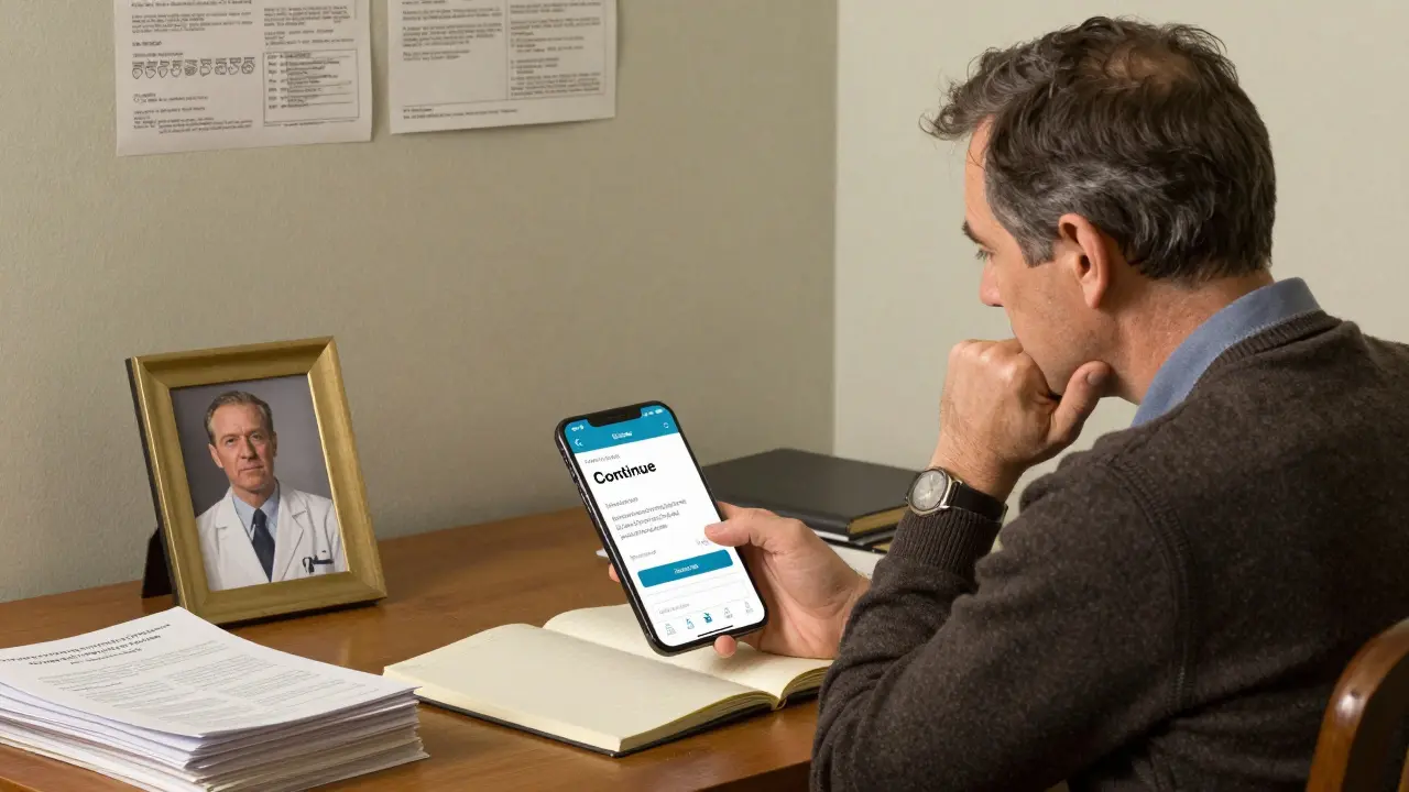 A German man pauses before using a mental health app, with medical guidelines and a doctor’s photo nearby, reflecting cultural trust in authority.