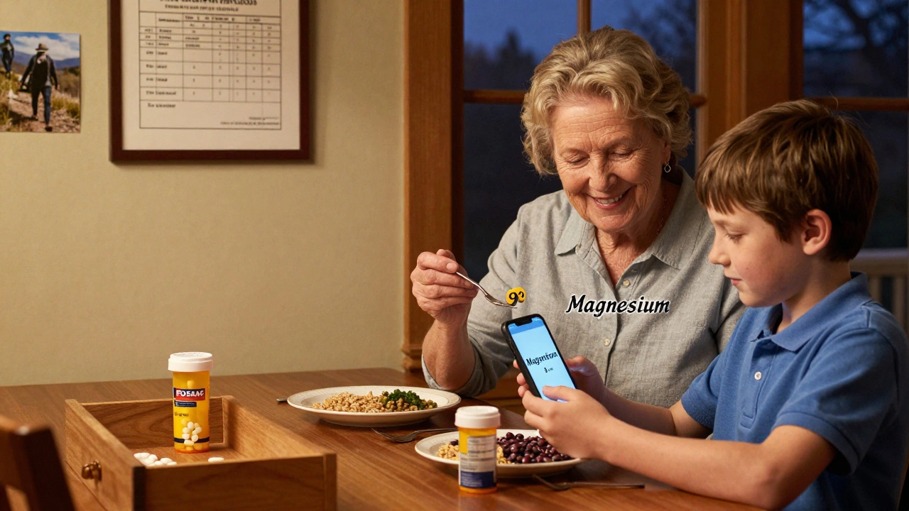 A grandmother eating magnesium-rich food at dinner while her grandson sets a phone alarm for later magnesium intake.