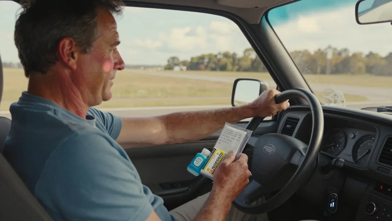 A man in his car opening a flare kit with pills and ice pack, sunburned cheek visible, roadside scenery behind.