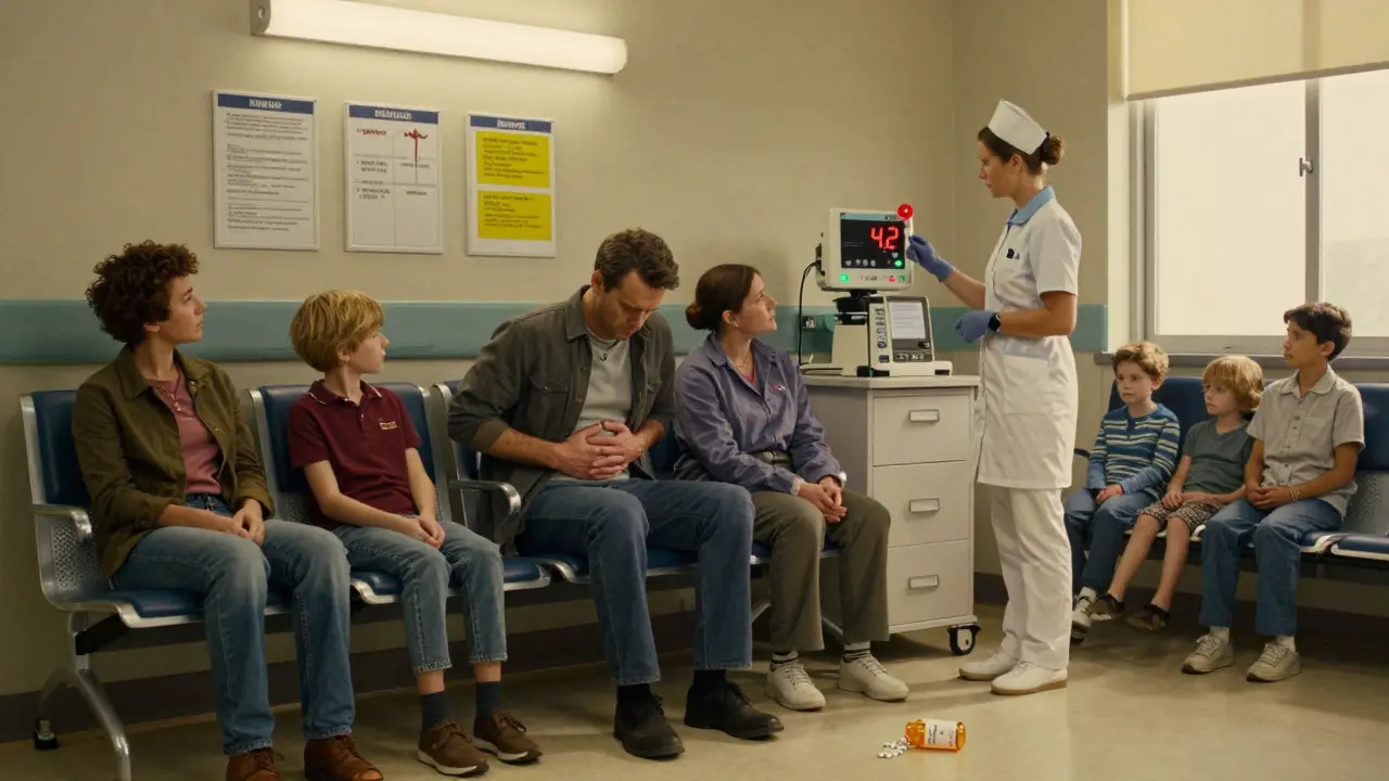 A man in pain in a hospital waiting room, family nearby, nurse sees a red INR alert, naproxen bottle spilled on the floor.