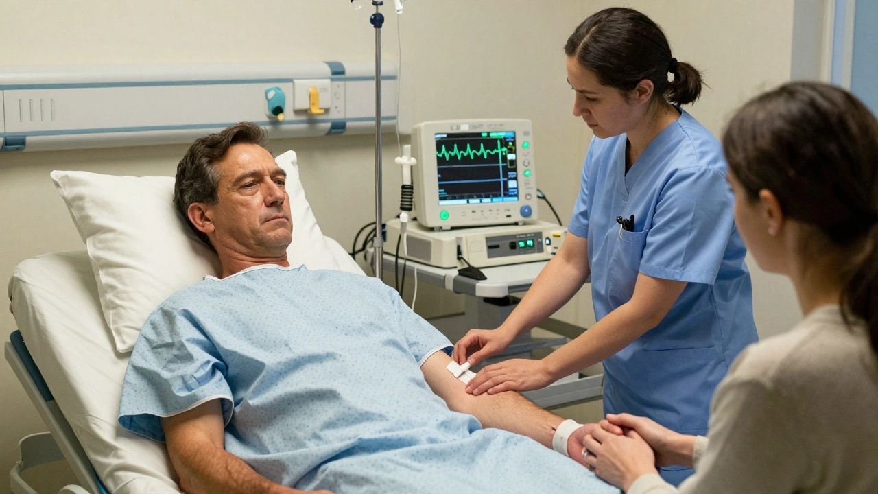 A man receives IV treatment in a hospital room, his arm twitching as a nurse monitors him.