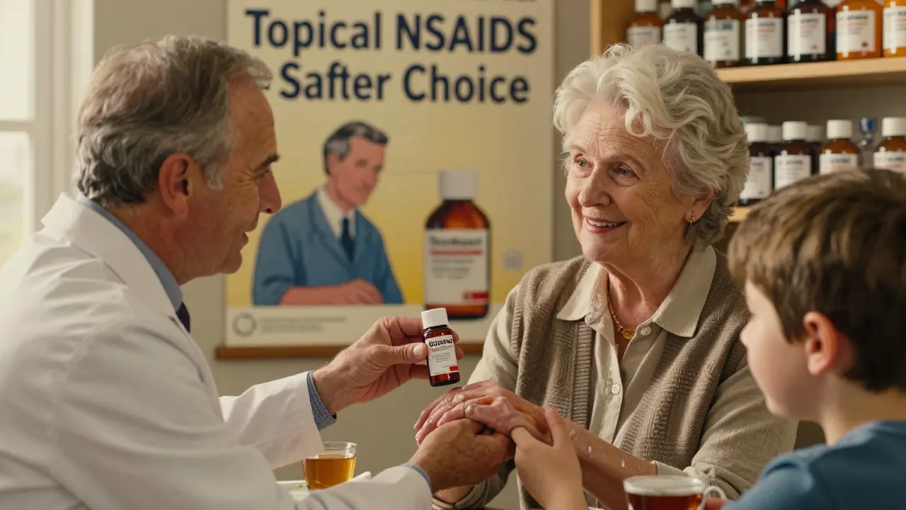 A pharmacist gives topical NSAID gel to an older woman with arthritis, her grandson beside her, acetaminophen visible on the shelf.