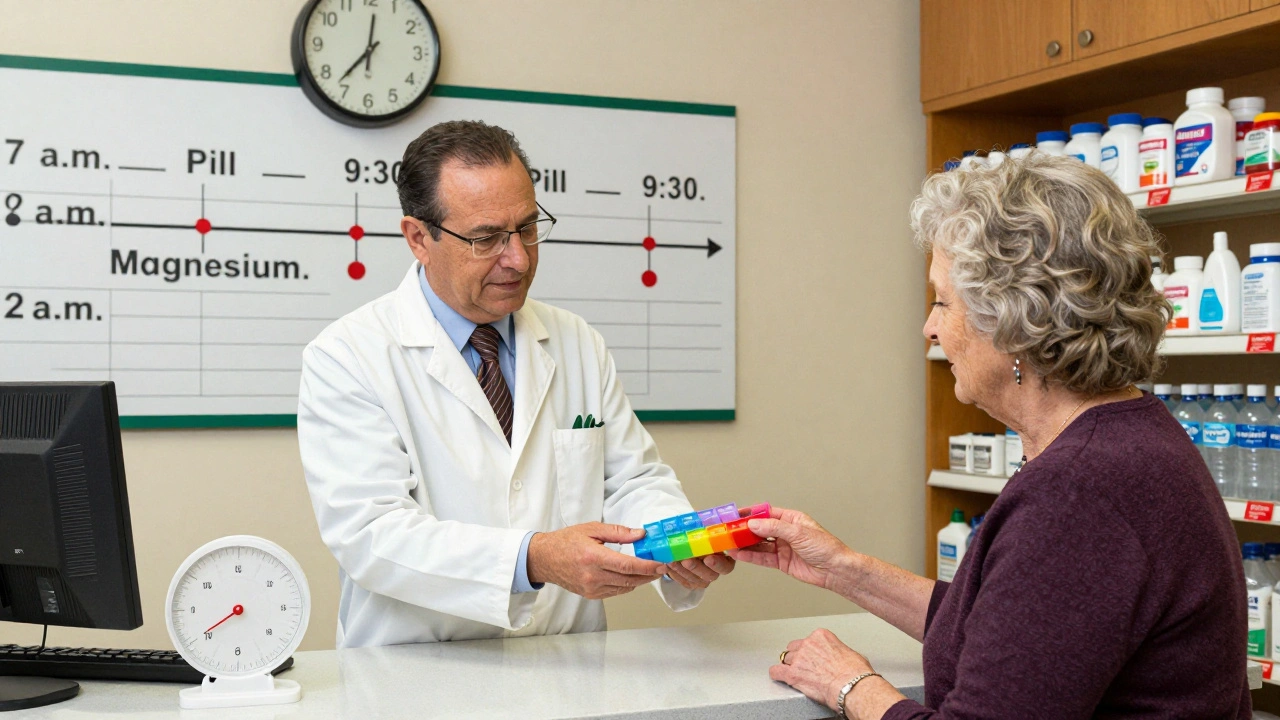 A pharmacist giving an elderly woman a four-compartment pill organizer with a visual timing chart.