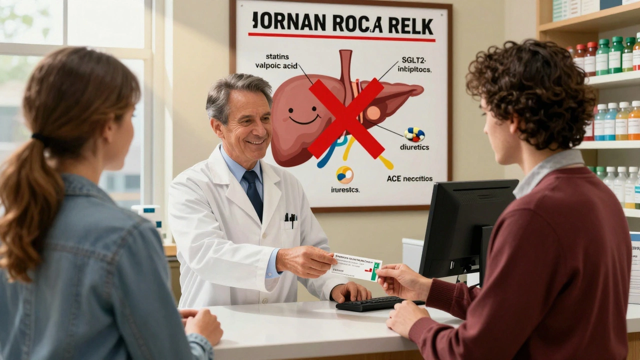 A pharmacist hands a prescription while a poster warns of five drugs linked to pancreatitis.