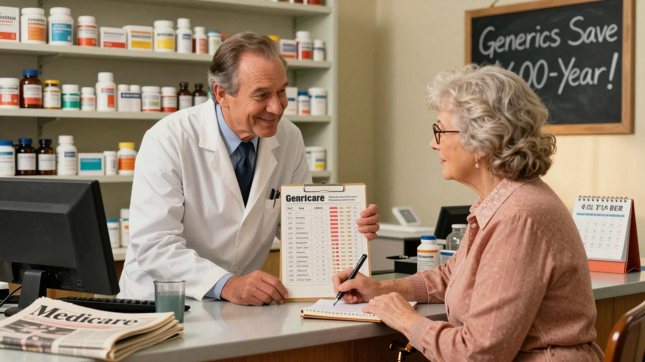 A pharmacist showing an older woman a visual chart comparing brand and generic medications in a small-town pharmacy.