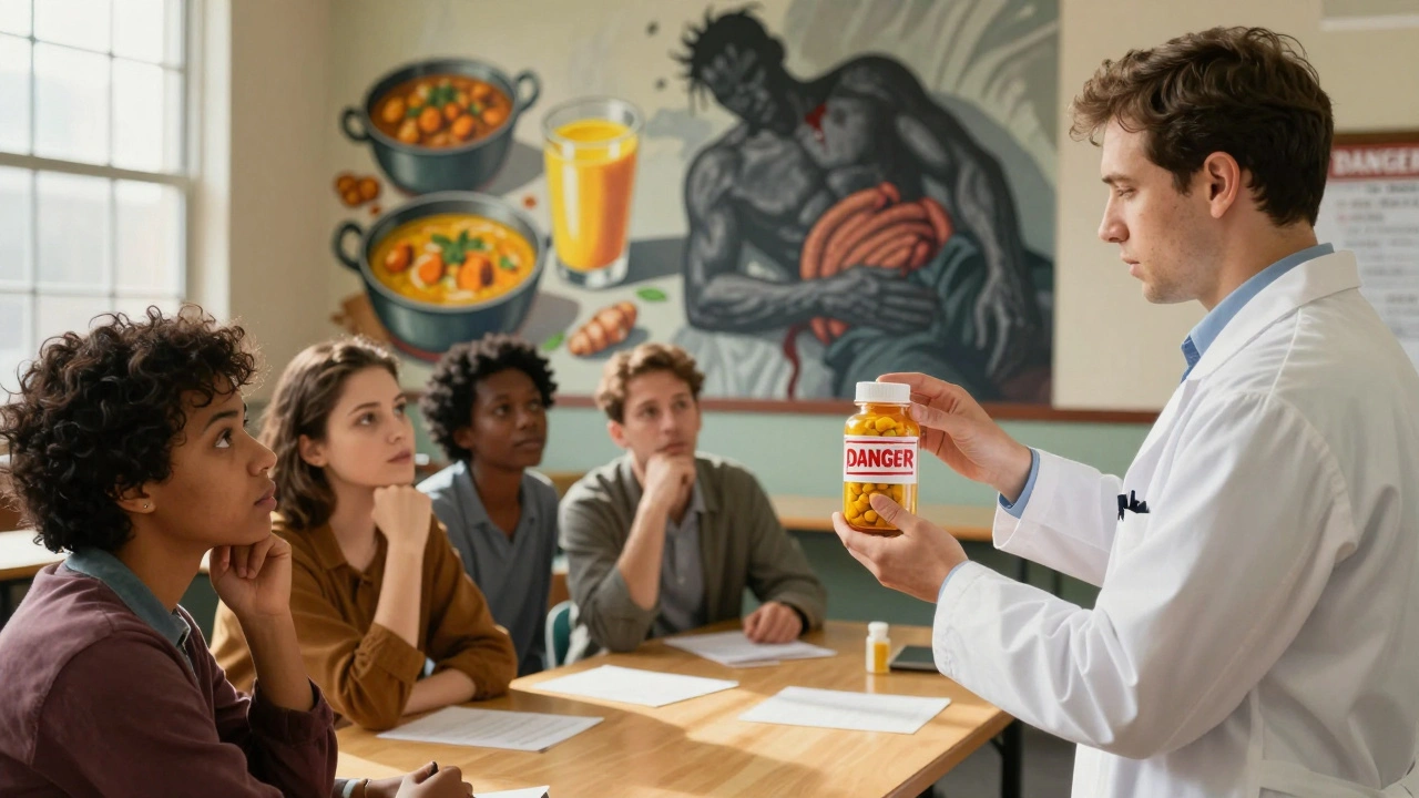 A pharmacist warns a group about turmeric supplement risks, while a mural contrasts safe culinary use with dangerous supplement effects.