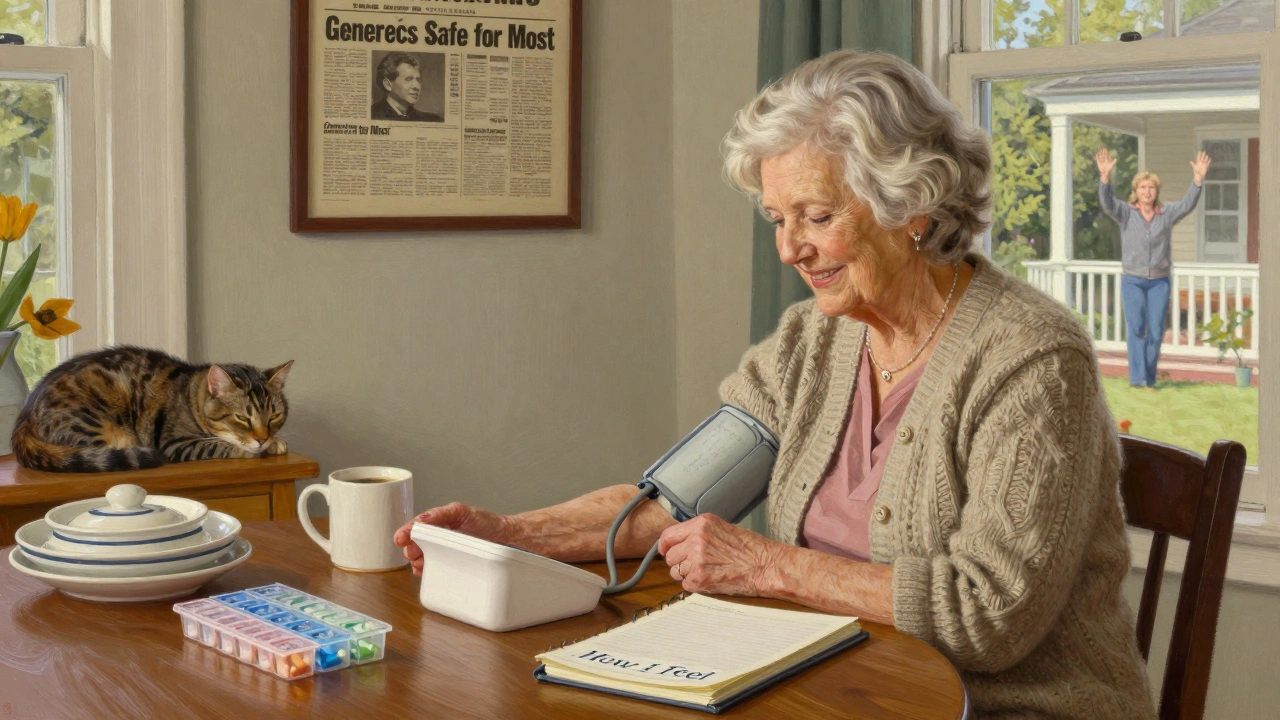 A senior woman checking her blood pressure at the kitchen table with labeled pill organizers and a health journal.