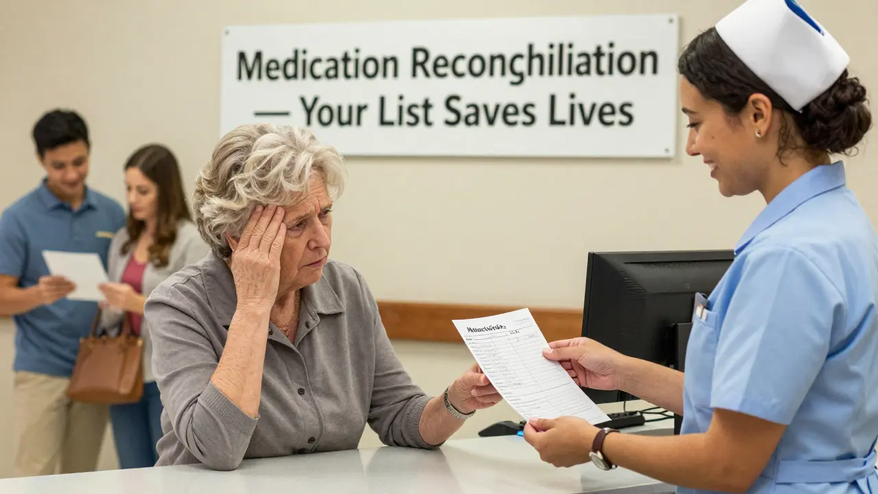 A senior woman handing her handwritten medication list to a nurse at a hospital admissions desk.