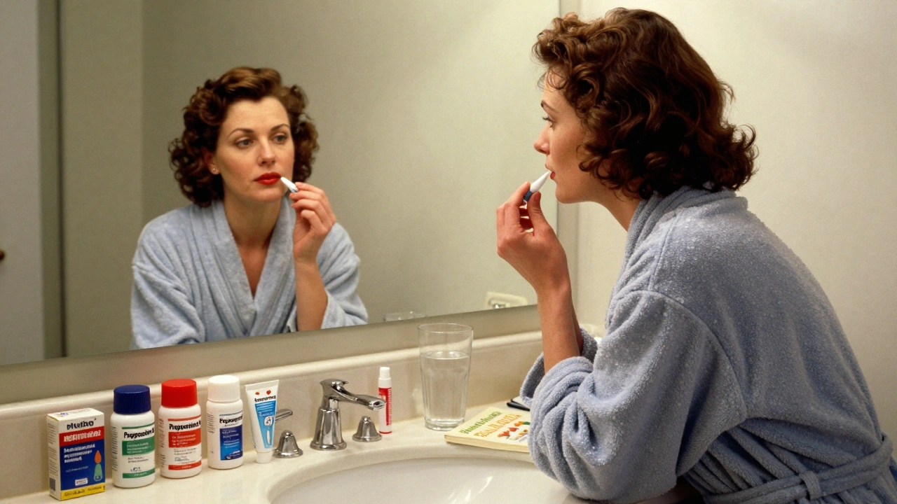 A woman applying a suppository with care, surrounded by OTC hemorrhoid products.