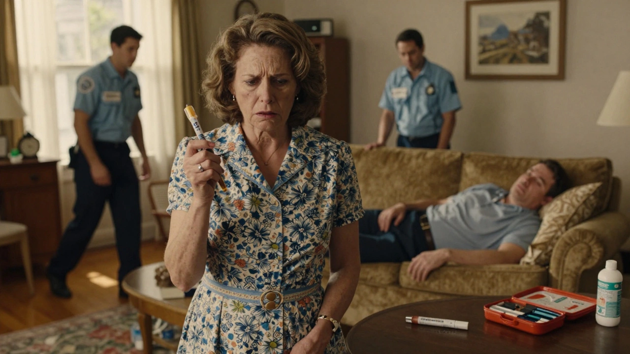 A woman holds a discolored EpiPen as paramedics arrive, an expired pen on the table beside her unconscious husband.