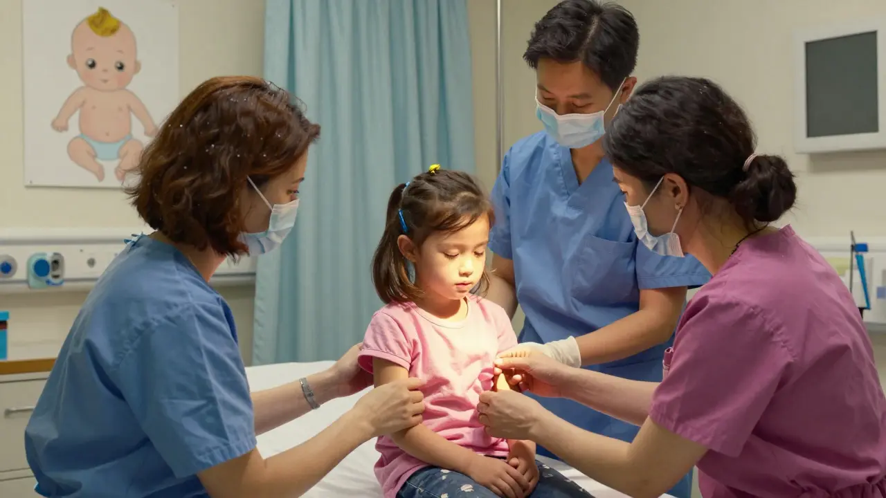 A young girl and her mother with a medical team preparing for ovarian tissue freezing, radiating quiet courage.