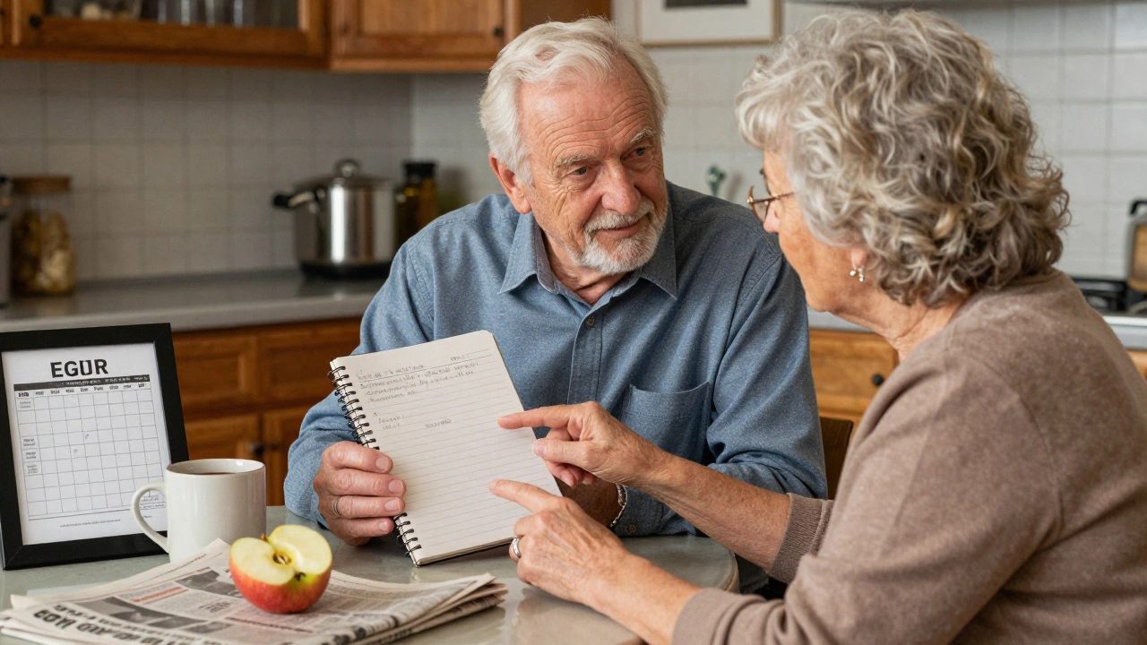 An elderly couple at the kitchen table tracking medication side effects together with a notebook.