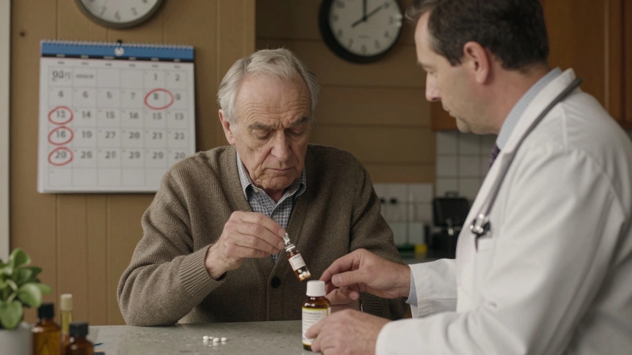 An elderly man examines nitroglycerin pills as a doctor replaces the bottle, with a calendar showing replacement dates on the wall.