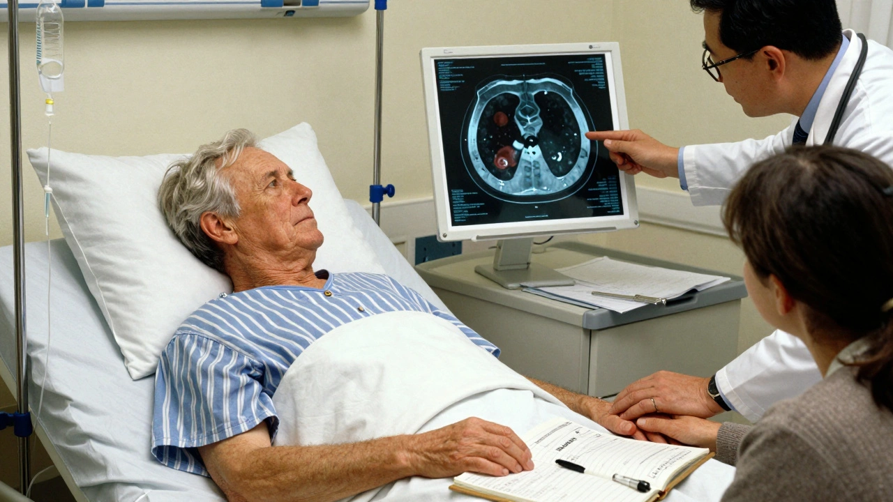 An elderly patient in a hospital bed with a doctor pointing to a CT scan showing pancreatic necrosis.