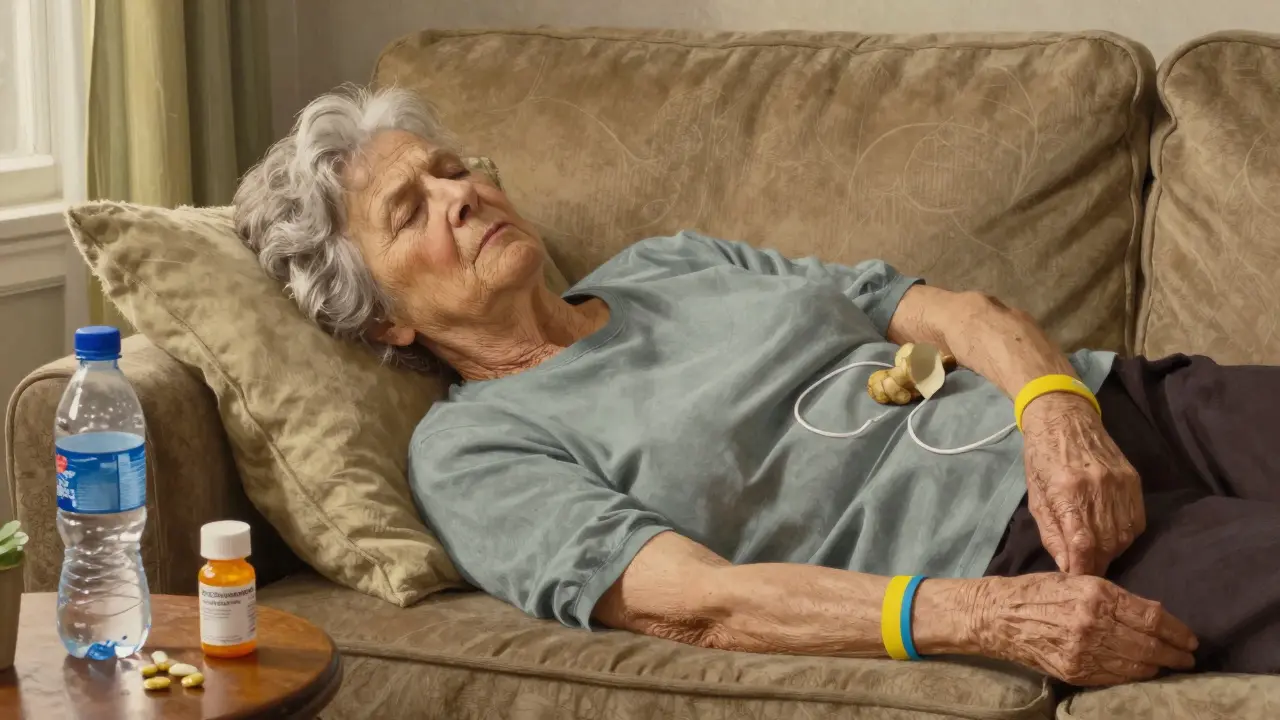 An elderly woman lies still on a couch with Sea-Bands and ginger chew, managing nausea with calm resilience.