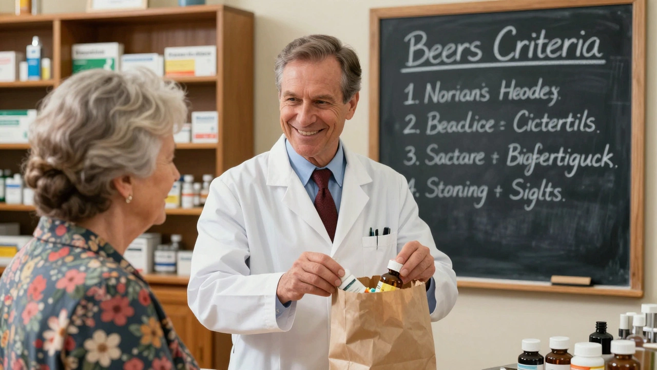 An older woman at a pharmacy counter sharing her pills with a pharmacist in a classic small-town setting.