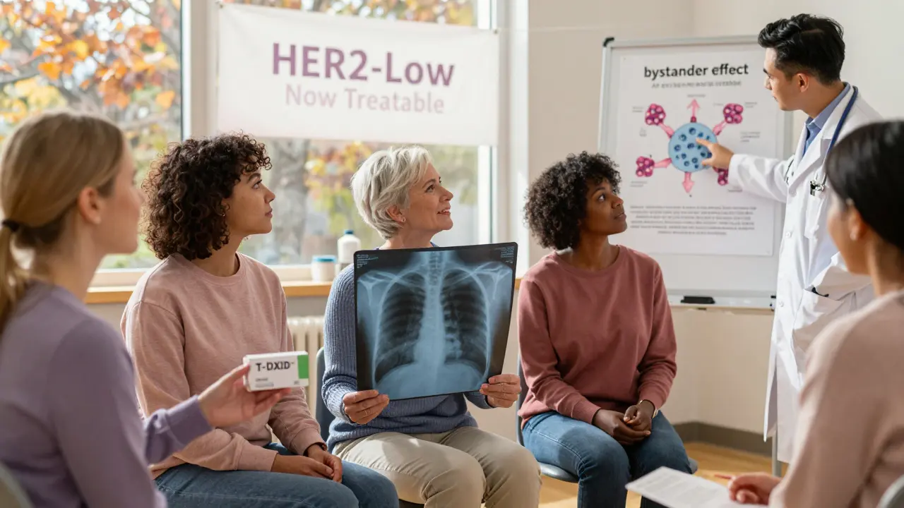Breast cancer survivors in a support group, one holding T-DXd box, poster shows bystander effect of targeted therapy.