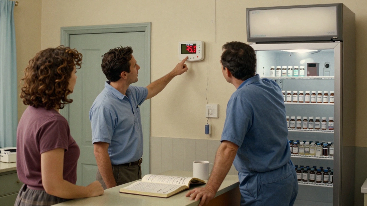 Clinic staff checking refrigerator temperature with digital monitor and logbook