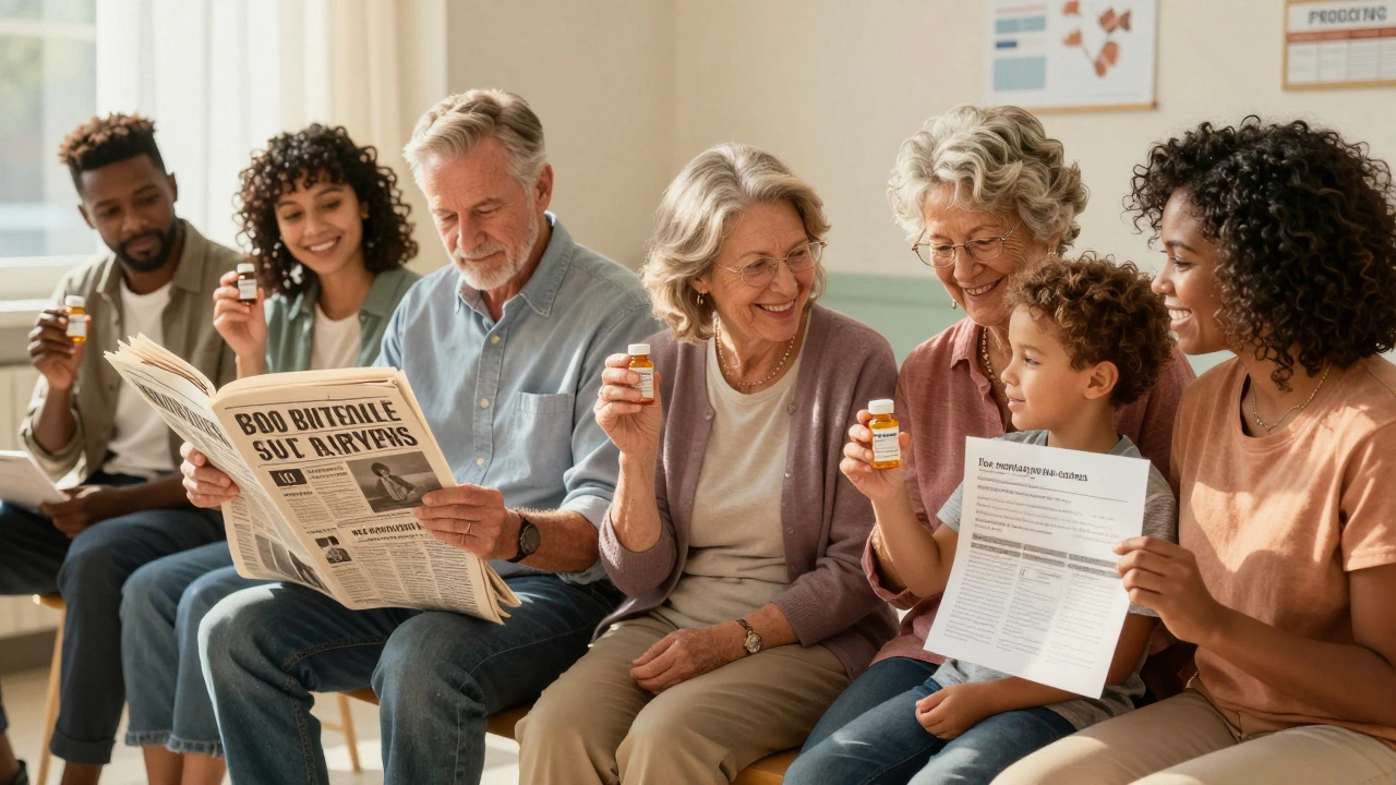 Diverse group of patients in a community center, holding biosimilar medications with hopeful expressions.
